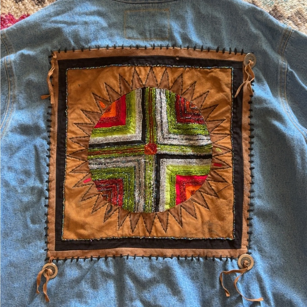 Chico's Denim Blue Jean Jacket with Brown Leather Trim - Picture 4 of 7